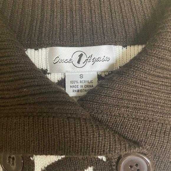 Vintage Brown Cream Houndstooth Knit Sweater Double Breasted Contrast Collar SM - Picture 6 of 13